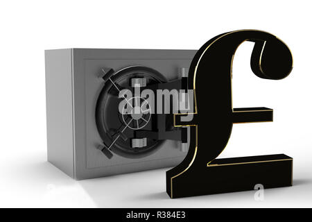 Sicherheit Metall sicher mit british pound Symbol 3D Rendering auf weißem Hintergrund Stockfoto