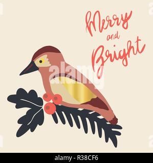 Weihnachten Illustration fröhlich und hell. Die Mistel Zweig und Vogel mit Goldfolie Akzente. Für Poster, blog, Banner, Karte, Blog, greetin Stock Vektor