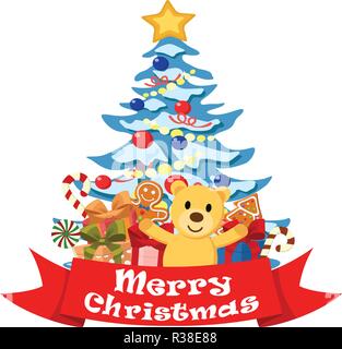 Weihnachtsbaum im Schnee, Geschenke, weiches Spielzeug und Süßigkeiten auf einem weißen Hintergrund. Stock Vektor