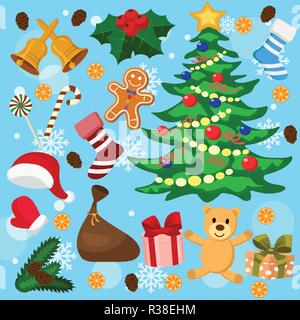 Weihnachten mit Weihnachtsbaum, Geschenke und Süßigkeiten. Stock Vektor