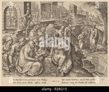 Der hl. Paulus spricht zu den Frauen von Philippi durch einen Fluss. Medium: Gravur. Museum: Nationalgalerie, Washington DC. Autor: Philip Galle nach Jan van der Straet. Stockfoto