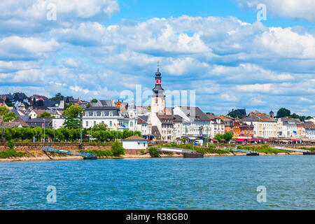 Rüdesheim Antenne Panoramablick. Rüdesheim ist eine weinbereitung Stadt im Mittelrheintal in Deutschland. Stockfoto