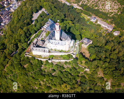 Der marksburg Antenne Panoramablick. Der marksburg ist eine Burg oberhalb der Stadt Braubach in Rheinland-Pfalz, Deutschland Stockfoto