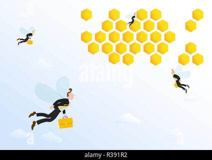 Geschäftsmann, Büroarbeiter mit Aktentaschen fliegen zu Bienenstock, Büro. Vector Illustration Konzept für simile menschlichen Lebensdauer wie Biene. Stock Vektor