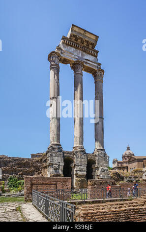 Der Baum verbleibenden korinthischen Säulen der Ruinen der Tempel von Castor und Pollux am Forum Romanum, das ausgegrabene Herzen des Römischen Reiches, Rom Stockfoto