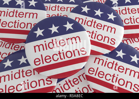 USA Politik Nachrichten Abzeichen: Stapel der Midterm Wahlen Tasten mit US-Flagge, 3D-Darstellung Stockfoto