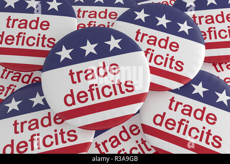 USA Politik Nachrichten Abzeichen: Stapel der Handelsdefizite Tasten mit US-Flagge, 3D-Darstellung Stockfoto