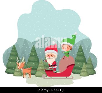 Santa Claus mit elf im Schlitten und Weihnachtsbäume mit fallendem Schnee avatar Charakter Stock Vektor