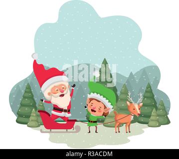 Santa Claus mit elf im Schlitten und Weihnachtsbäume mit fallendem Schnee avatar Charakter Stock Vektor