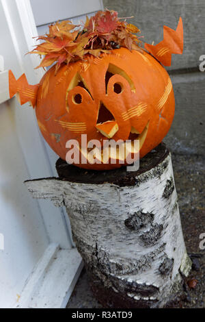 Eine geschnitzte Halloween Kürbis sitzen auf einem Log Stockfoto