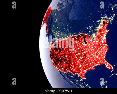 Nacht Blick auf USA aus dem Weltraum mit sichtbaren Lichter der Stadt. Sehr detaillierte Plastic Planet Oberfläche. 3D-Darstellung. Elemente dieses Bild von der NASA eingerichtet Stockfoto
