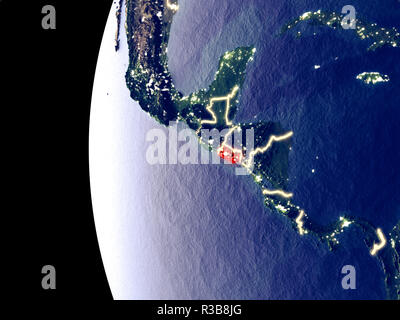 Nacht Blick von El Salvador aus dem Weltraum mit sichtbaren Lichter der Stadt. Sehr detaillierte Plastic Planet Oberfläche. 3D-Darstellung. Elemente dieses Bild eingerichtet Stockfoto