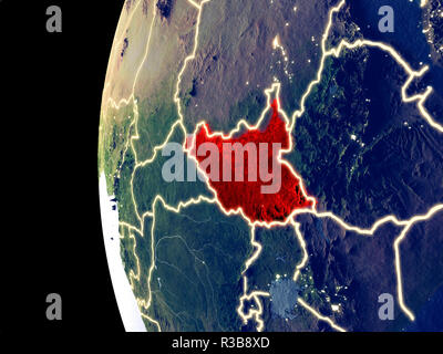 Nachtansicht des Südsudan aus dem Weltraum mit sichtbaren Lichter der Stadt. Sehr detaillierte Plastic Planet Oberfläche. 3D-Darstellung. Elemente dieses Bild eingerichtet Stockfoto