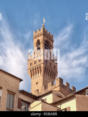 Detail auf den Turm des Palazzo Vecchio, Florenz, Italien Stockfoto