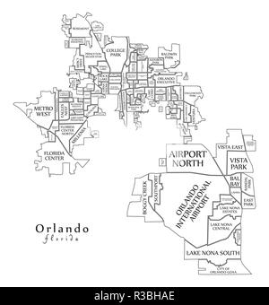Moderne Stadtplan - Orlando Florida Stadt der USA mit Nachbarschaften und Titel Übersichtskarte Stock Vektor