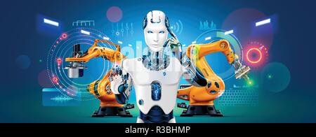 Industrie 4.0 Konzept Banner. Roboter mit AI-Produktionslinie auf smart factory. Kybernetische künstliche Intelligenz zur Automatisierung der Produktion und die Kommunikation mit der Robotik. Stock Vektor