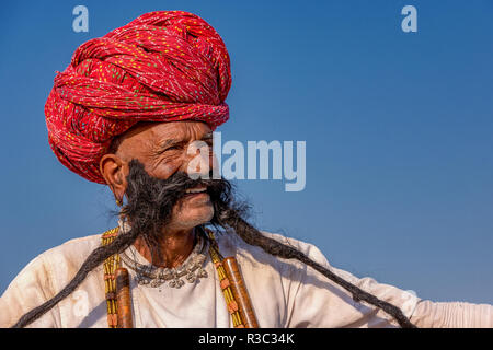 Portrait eines älteren Mannes aus Rajasthan mit langem Bart und Turban, Pushkar, Rajasthan, Indien Stockfoto