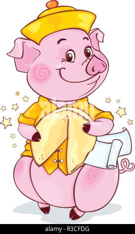Gelbe erdigen Schwein mit Fortune Cookie für das Neue Jahr 2019. Cute Symbol der chinesischen Horoskop. Stock Vektor