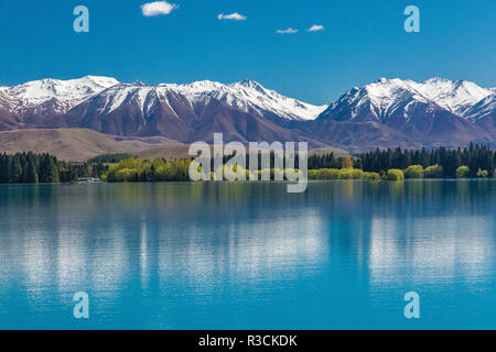 Lake Ruataniwha, Neuseeland, Südinsel, Bäume und Berge, Wasser Reflexionen Stockfoto