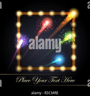 Rahmen mit Glühbirnen und festlichen Feuerwerk. Präsentation oder Event Design Element. Vector Illustration. Stock Vektor
