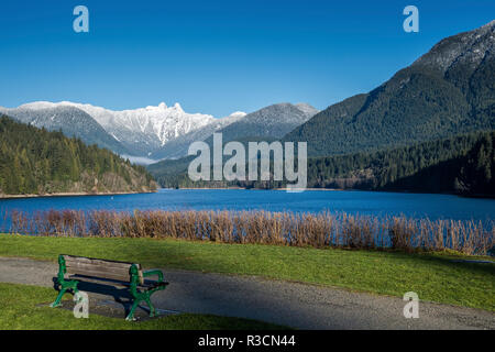 Die schneebedeckten Berge, über den See und die Wiese mit Blick auf der Rücksitzbank Stockfoto