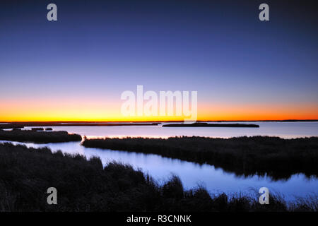 Kanada, Manitoba, Oak Hammock Marsh. Dämmerung auf Feuchtgebiet. Stockfoto