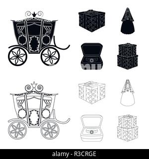 Hochzeit und Attribute Cartoon, flach, Umrisse, schwarze Symbole in der Sammlung für Design. Jungvermählten und Zubehör vektor Symbol lieferbar Abbildung. Stock Vektor