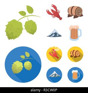 Alpen, ein Faß Bier, Hummer, Hopfen. Oktoberfest set Sammlung Icons im Cartoon, flacher Stil vektor Symbol lieferbar Abbildung. Stock Vektor