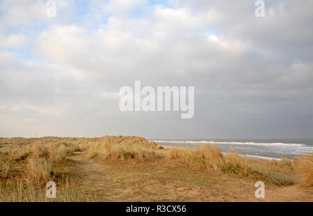 Ein Blick auf die Sanddünen mit verschlissenen Pfade mit Blick auf den Strand und das Meer im Osten Norfolk Küste bei Winterton, Norfolk, England, Vereinigtes Königreich, Europa. Stockfoto