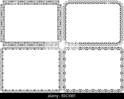 Satz von vier schwarzen Schablone blumen Frames mit interlaced Linien auf dem weißen Hintergrund als Designer Postkarten isoliert Stock Vektor