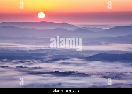 USA, Virginia, Drachenköpfe Tal. Nebel bei Sonnenaufgang auf dem Blue Ridge Parkway Stockfoto