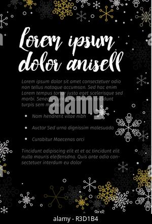 Minimalistische Weihnachten flyer Karte temlate mit schwarzen und goldenen Schneeflocken - dunkle Version Stock Vektor