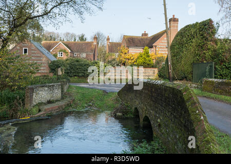 Der Fluss Meon durch das Dorf Warnford in Hampshire, Großbritannien. Stockfoto