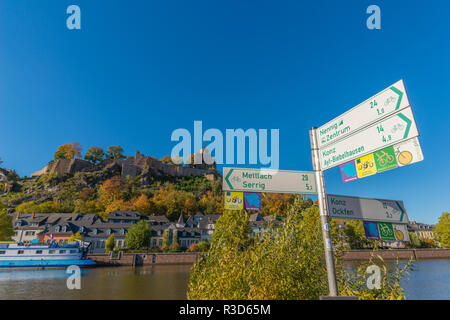 Stadt Saarburg auf Saar, Naturpark Saar-Hunsrück, von Weinbergen, überwiegend Riesling, Rheinland-Pfalz, Deutschland umgeben, Stockfoto