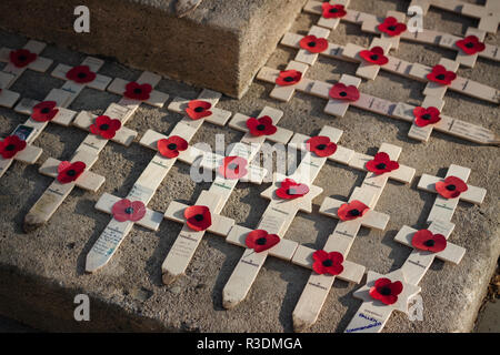 Tag der Erinnerung Mohnblumen am Fuße des War Memorial. Die Promenade, Cheltenham Stockfoto