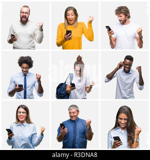 Collage der Gruppe von Menschen mit Smartphone über isolierte Hintergrund schreien stolz und feiern Sieg und Erfolg sehr aufgeregt, jubelnde emotio Stockfoto