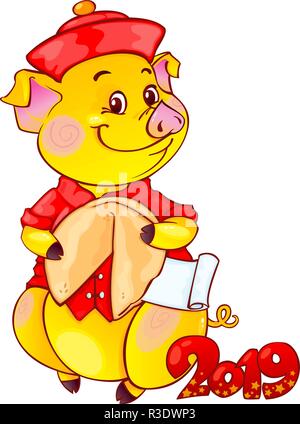 Gelbe erdigen Schwein mit Fortune Cookie für das Neue Jahr 2019. Cute Symbol der chinesischen Horoskop. Stock Vektor
