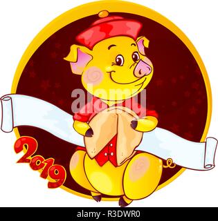 Gelbe erdigen Schwein mit Fortune Cookie für das Neue Jahr 2019. Cute Symbol der chinesischen Horoskop. Stock Vektor