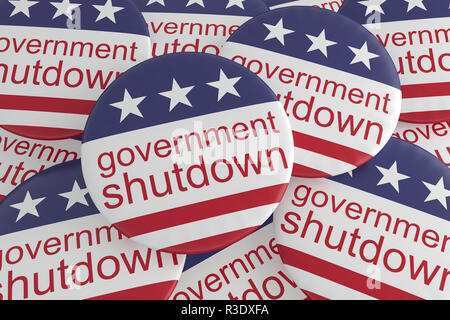 USA Politik Nachrichten Abzeichen: Stapel der Regierung Shutdown Tasten mit US-Flagge, 3D-Darstellung Stockfoto