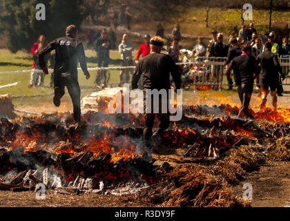 Tapfere Menschen springen über Feuer während des Hindernislauf Rennen harten Viking in Slottskogen, Göteborg, Schweden Stockfoto