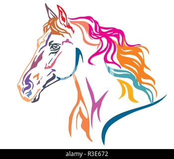 Bunt dekorativ Portrait im Profil der schönen Running Horse mit langer Mähne, Vector Illustration in verschiedenen Farben isoliert auf weißem backgroun Stock Vektor