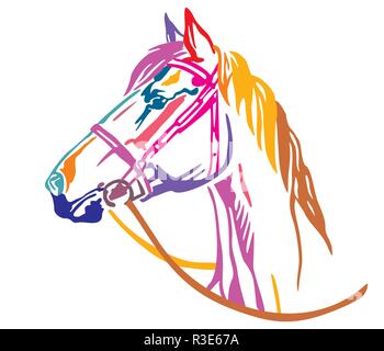 Bunt dekorativ Portrait im Profil der schönen Pferde im Zaum mit langer Mähne, Vector Illustration in verschiedenen Farben isoliert auf weißem backgr Stock Vektor