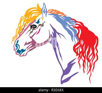 Bunt dekorativ Portrait im Profil der schönen Friesenpferd mit langer Mähne, Vector Illustration in verschiedenen Farben isoliert auf weißem backgrou Stock Vektor