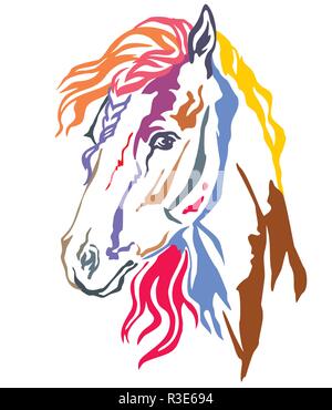 Bunt dekorativ Portrait im Profil der schönen Pferd mit langer Mähne, Vector Illustration in verschiedenen Farben auf weißem Hintergrund. Bild Stock Vektor