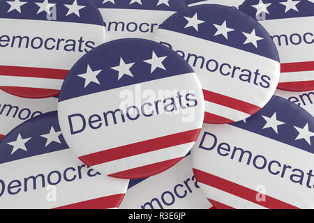 USA Politik Nachrichten Abzeichen: Stapel der Demokraten Tasten mit US-Flagge, 3D-Darstellung Stockfoto
