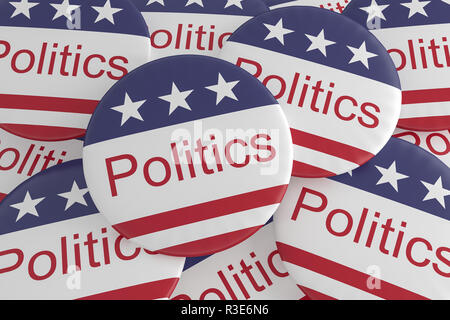 USA News Abzeichen: Haufen Politik Tasten mit US-Flagge, 3D-Darstellung Stockfoto