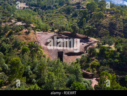 Luftaufnahme des monolithischen Felsen Kirche bete Giyorgis, Amhara-region, Lalibela, Äthiopien Stockfoto