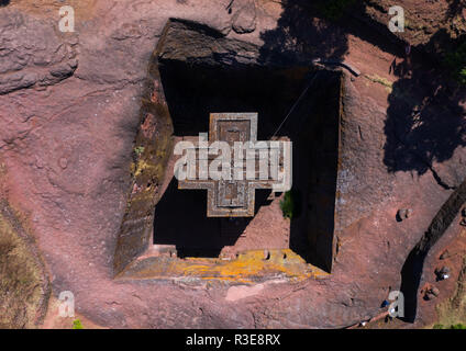 Luftaufnahme des monolithischen Felsen Kirche bete Giyorgis, Amhara-region, Lalibela, Äthiopien Stockfoto