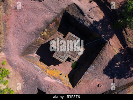 Luftaufnahme des monolithischen Felsen Kirche bete Giyorgis, Amhara-region, Lalibela, Äthiopien Stockfoto