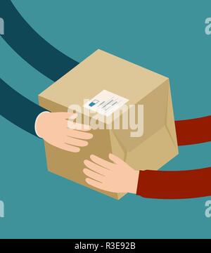 Lieferung Mann gibt Paket. Lieferung, Versand Konzept. Flache Vector Illustration Stock Vektor